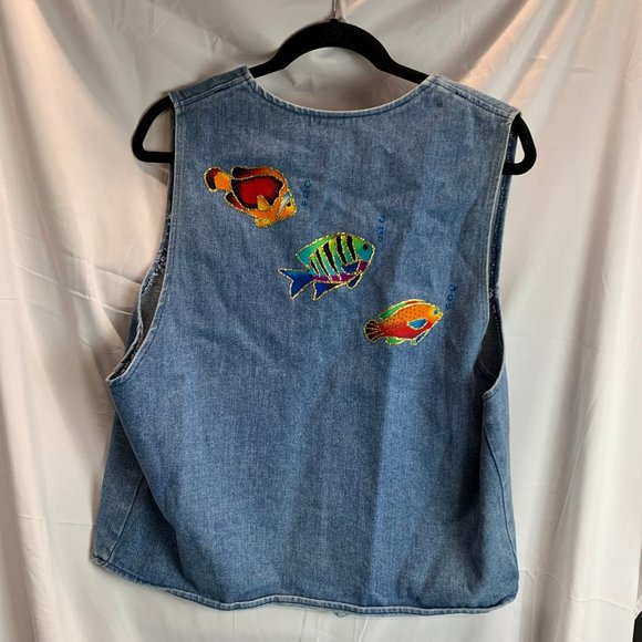 Apache Denim Vest Size with Glittery Fish Embellishments X Large - Picture 10 of 12
